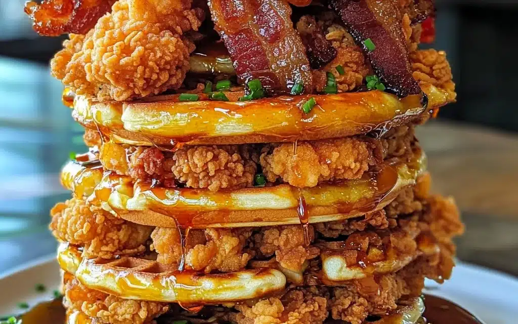 Hot Honey Bacon Chicken & Waffles Tower: Brunch Revolution Revealed!
