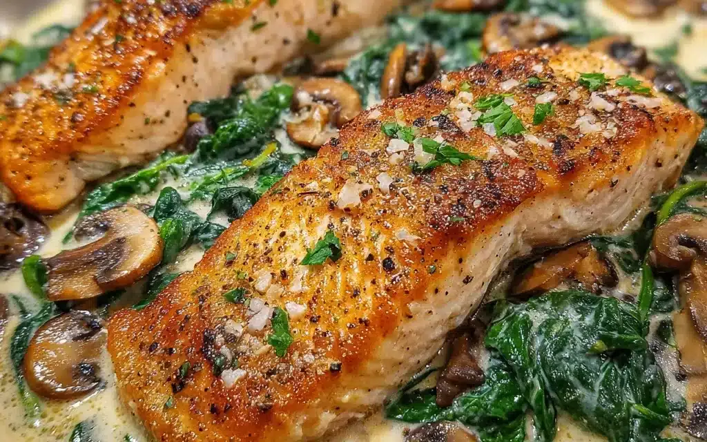 Creamy Garlic Butter Salmon with Spinach & Mushrooms – A Restaurant-Quality Dinner in Minutes