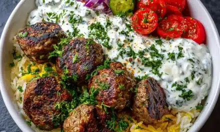 Greek Meatball Bowl with Tzatziki, Rice & Fresh Veggies