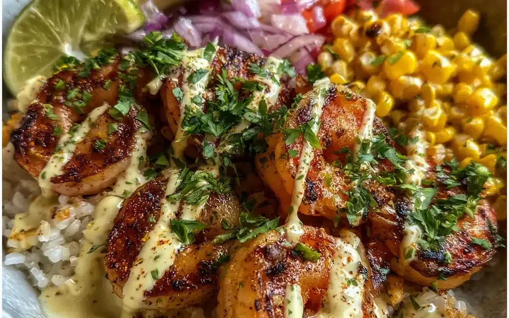 Grilled Shrimp Bowl With Avocado Corn Salsa Creamy Garlic Sauce