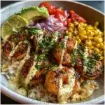 Grilled Shrimp Bowl With Avocado Corn Salsa Creamy Garlic Sauce