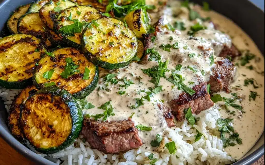 Grilled Steak Bowl With Creamy Sauce & Grilled Zucchini: A Delightful Weeknight Meal
