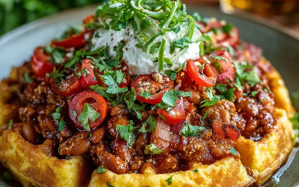 Maple Bacon Bourbon Chili On Cornbread Waffle