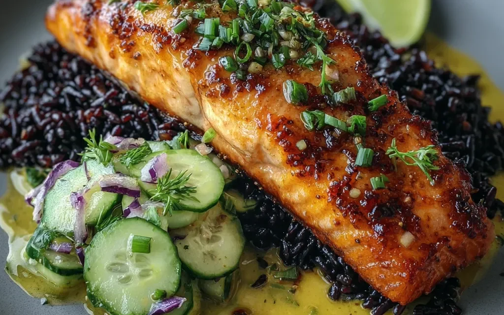 Miso Salmon with Black Rice and Coconut Cucumber Salad