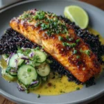 Miso Salmon with black rice and coconut cucumber salad