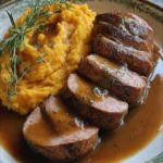 Pork Tenderloin with Apple Cider Glaze and Sweet Potato Mash