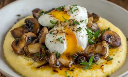 Poached Eggs over Creamy Polenta with Mushrooms & Truffle Oil