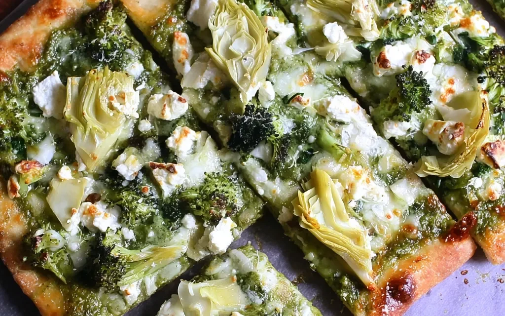 Green Pizza with Pesto, Feta, Artichokes, and Broccoli: A Delicious Vegetarian Delight