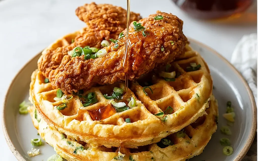 Cheddar Chive Waffles with Hot Honey Chicken