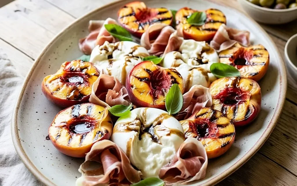 Grilled Peaches with Burrata and Prosciutto